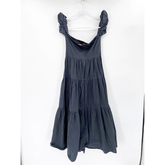 Staud Elio Solid Black Off Shoulder Tiered Button Front Short Sleeve Midi Dress - Picture 4 of 6